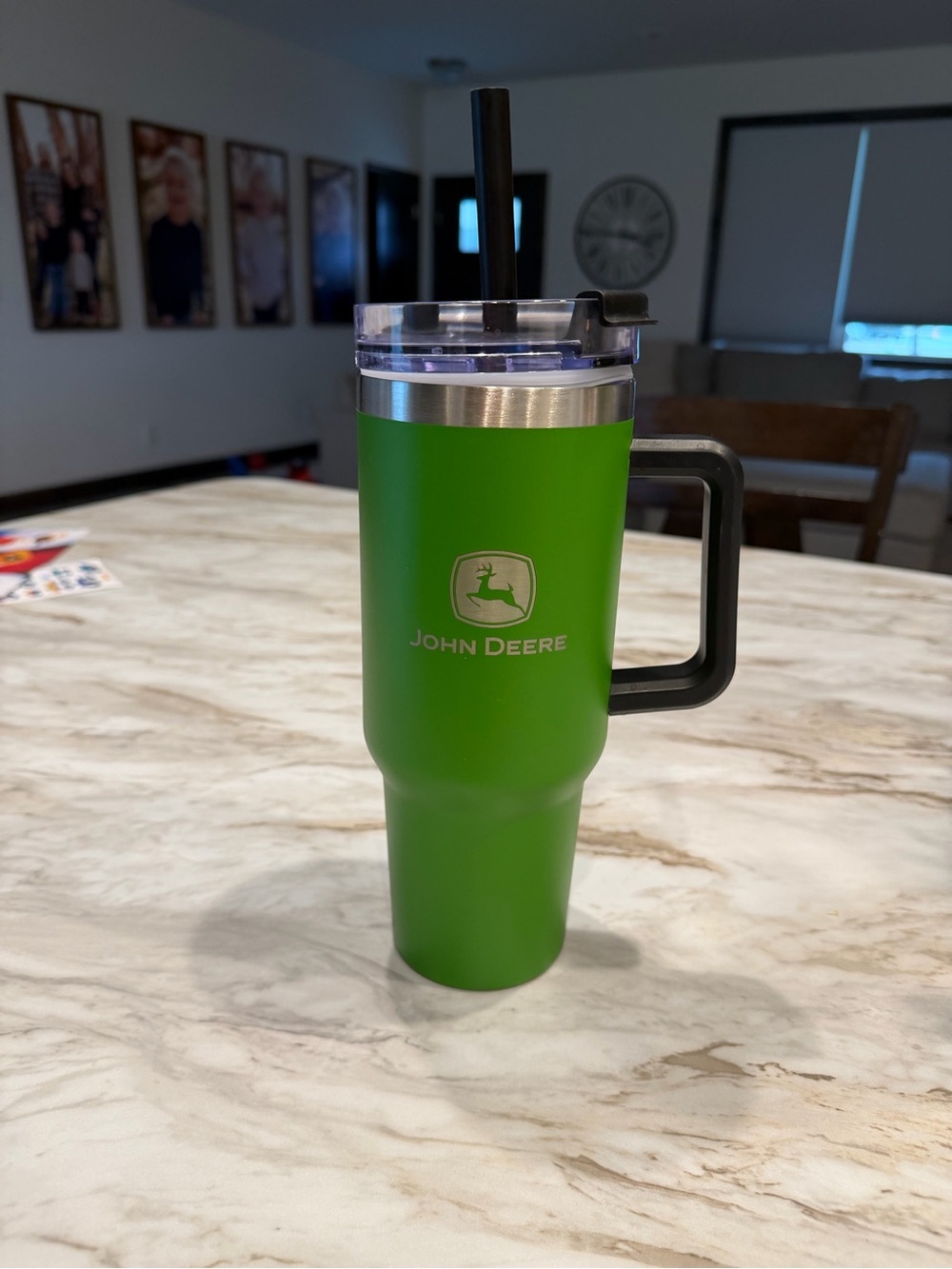 John Deere Bright Green Insulated Travel Tumbler with Handle and Straw